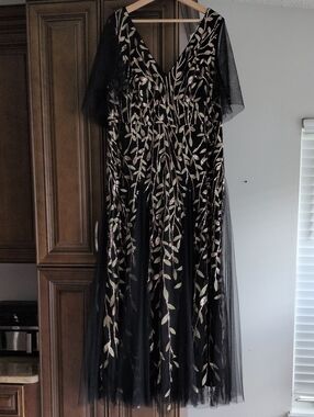 Ever Pretty Black Midi Dress with Gold Leaf Embroidery XXL